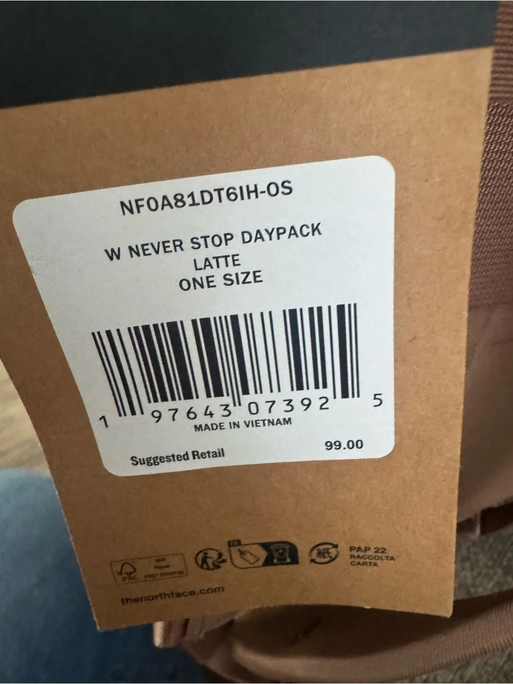 BRAND NEW THE NORTHFACE NEVER STOP DAYPACK BACKPACK IN COLOR LATTE